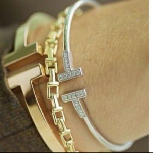 Womens Open T Silver Bracelet with Crystal Accents